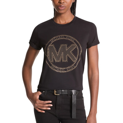 Michael Kors Women's Studded Logo Charm Organic Cotton Jersey T-Shirt Black