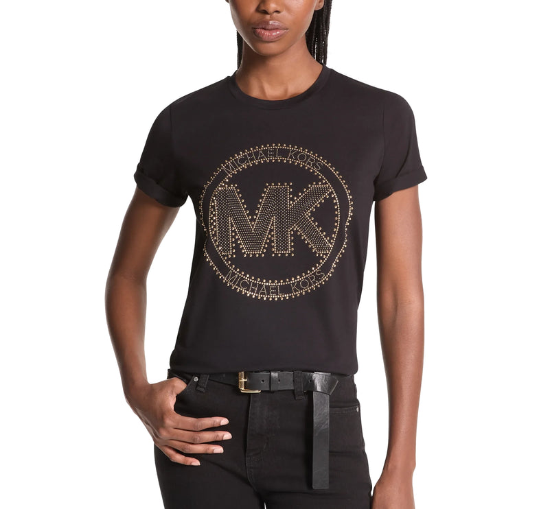 Michael Kors Women's Studded Logo Charm Organic Cotton Jersey T-Shirt Black