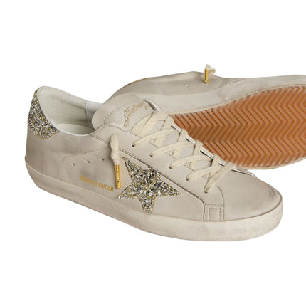 Golden Goose Women's Super Star in Ivory Nappa Leather with Platinum Glitter Star and Heel Tab