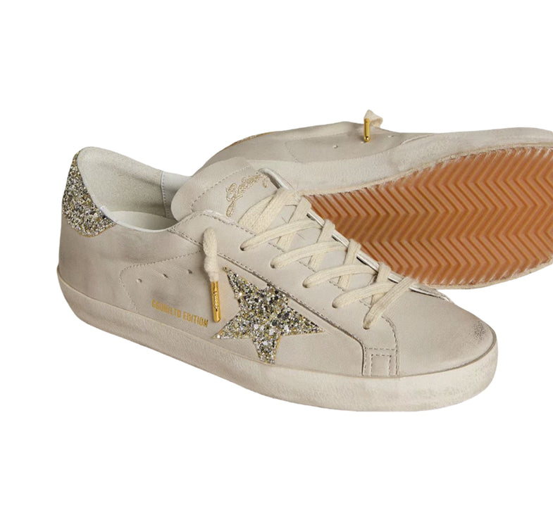 Golden Goose Women's Super Star in Ivory Nappa Leather with Platinum Glitter Star and Heel Tab
