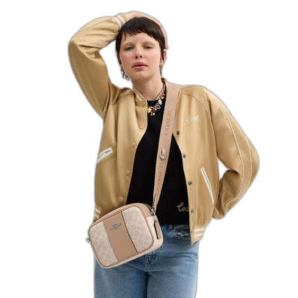 Coach Women's Jamie Camera Bag In Signature Canvas With Stripe Silver/Sand/Taupe