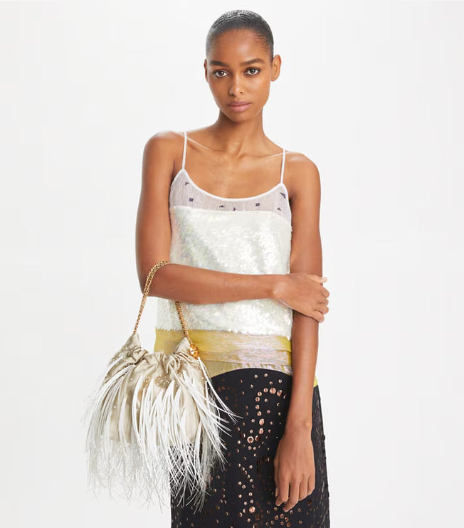 Tory Burch Women's Mini Fleming Feather Hobo Bag Stone