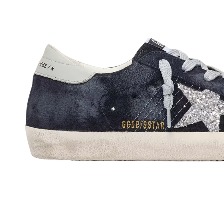 Golden Goose Women's Super-Star Star in Blue Suede with Silver Glitter Star
