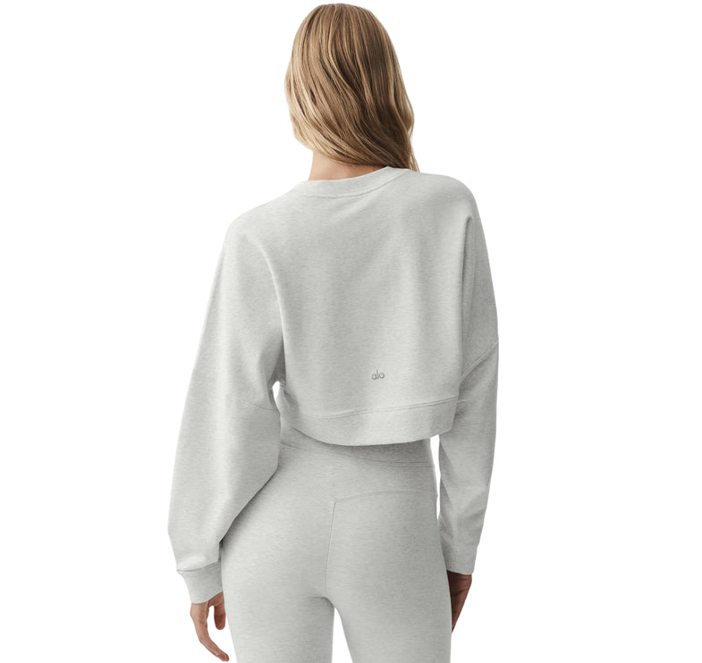 alo Women's Cropped Sway Crew Neck Pullover White Heather