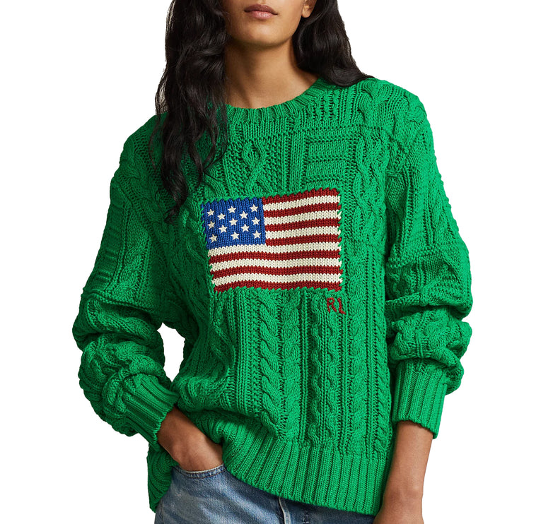 Polo Ralph Lauren Women's Aran Knit Flag Cotton Sweater Stem Green