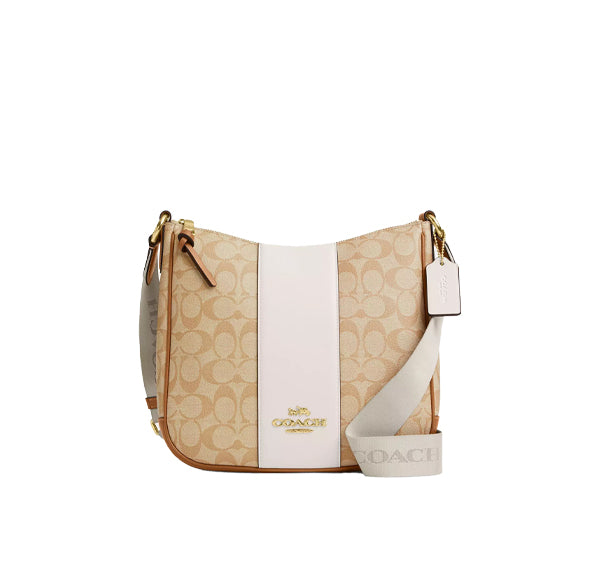 Coach Women's Ellie File Bag In Signature Canvas With Stripe Gold/Light Khaki/Chalk Light Saddle