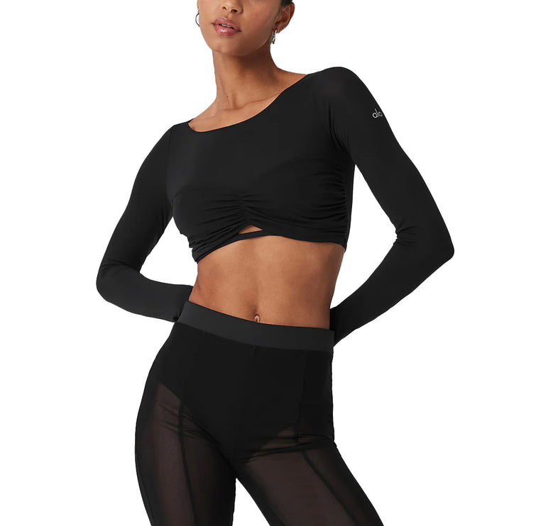 Alo Yoga Women's Mesh Sheer Illusion Cropped Long Sleeve Black