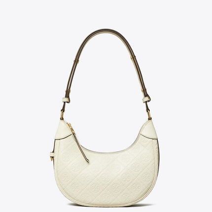 Tory Burch Women's T Monogram Leather Crescent Bag Light Cream
