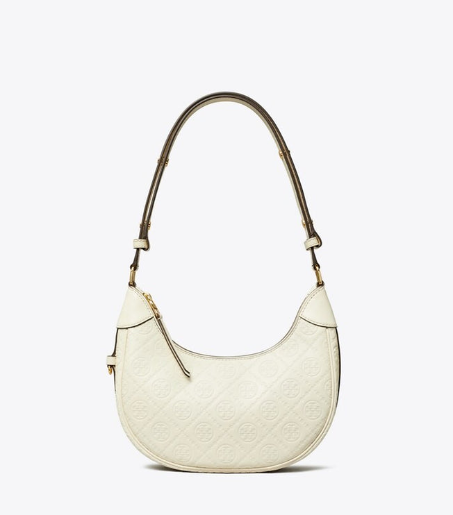 Tory Burch Women's T Monogram Leather Crescent Bag Light Cream