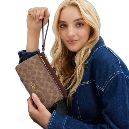 Coach Women's Double Zip Wallet In Signature Canvas Gold/Tan/Brown