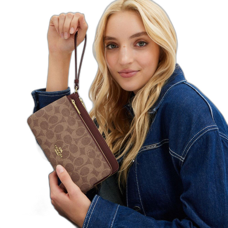 Coach Women's Double Zip Wallet In Signature Canvas Gold/Tan/Brown