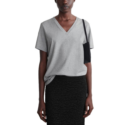 COS Women's V-Neck Cotton T-Shirt Grey Mélange