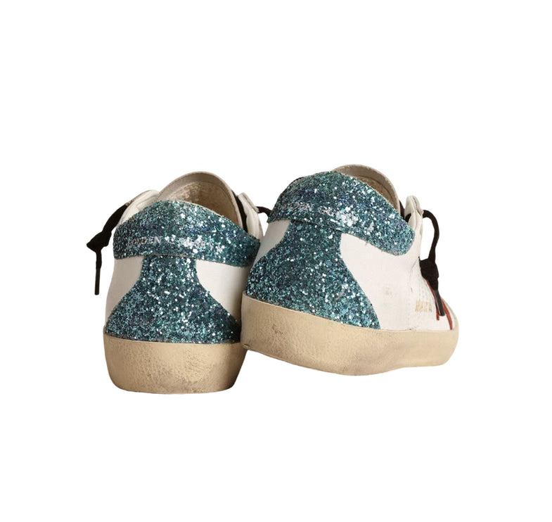 Golden Goose Women's Super Star Sneakers with Burgundy Suede Star and Light Blue