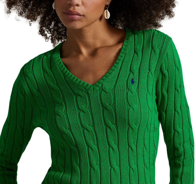 Polo Ralph Lauren Women's Cable-Knit Cotton V-Neck Sweater Green