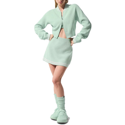 alo Women's Tennis Club Sweater Knit Full Zip Jacket Spearmint/White