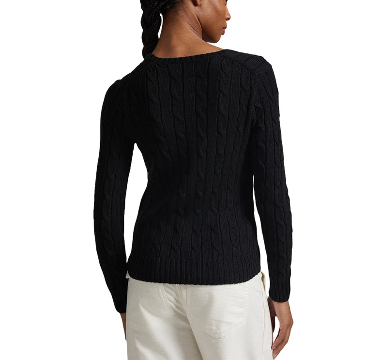 Polo Ralph Lauren Women's Cable-Knit Cotton V-Neck Sweater Polo Black/White