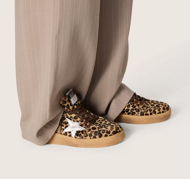 Golden Goose Women's Women's Ball Star in Leopard Print Pony Skin with Platinum Leather Star and White