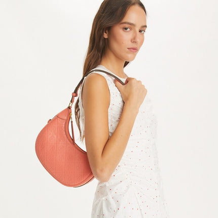 Tory Burch Women's T Monogram Leather Crescent Bag Coral Crush