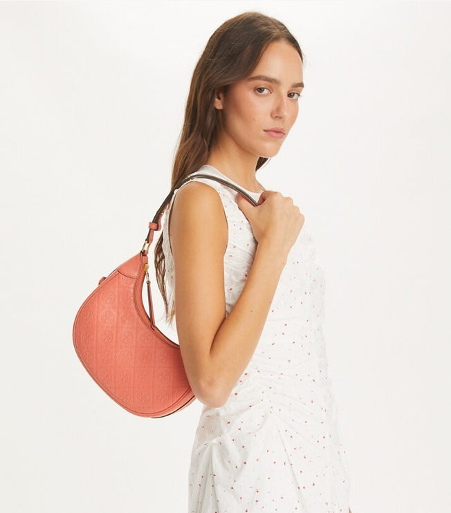 Tory Burch Women's T Monogram Leather Crescent Bag Coral Crush