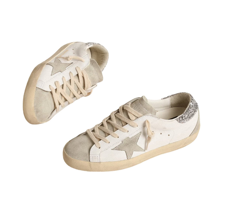 Golden Goose Women's Super Star Sneakers with Gray Star and Silver Glitter