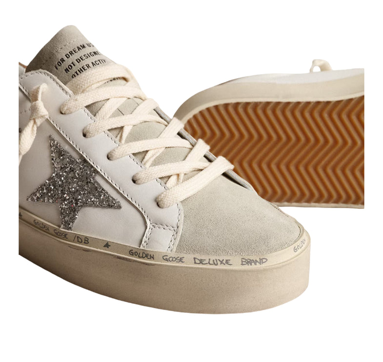 Golden Goose Women's Hi Star with Silver Glitter Star and Dove Gray Nubuck Heel Tab