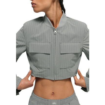 alo Women's Cropped Pinstripe Main Character Full Zip Jacket Lunar Grey/White
