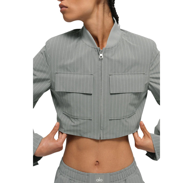 alo Women's Cropped Pinstripe Main Character Full Zip Jacket Lunar Grey/White