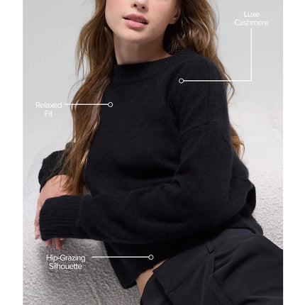 alo Women's Wool Cashmere Cropped New Class Crewneck Sweater Black
