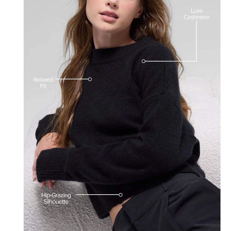 alo Women's Wool Cashmere Cropped New Class Crewneck Sweater Black