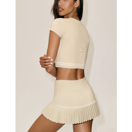 alo Women's Cotton Cashmere My Serve Short Sleeve Sandy Beige/White