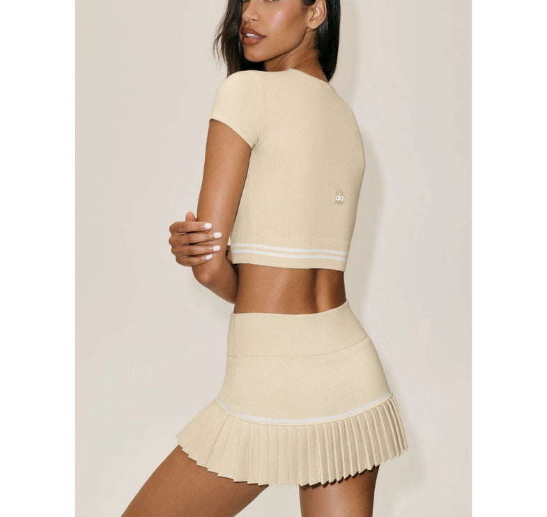 alo Women's Cotton Cashmere My Serve Short Sleeve Sandy Beige/White