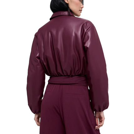 alo Women's Faux Leather Cropped Premier Bomber Burgundy