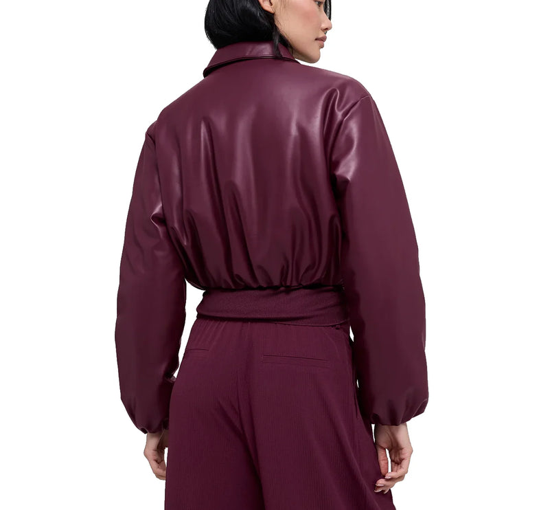 alo Women's Faux Leather Cropped Premier Bomber Burgundy