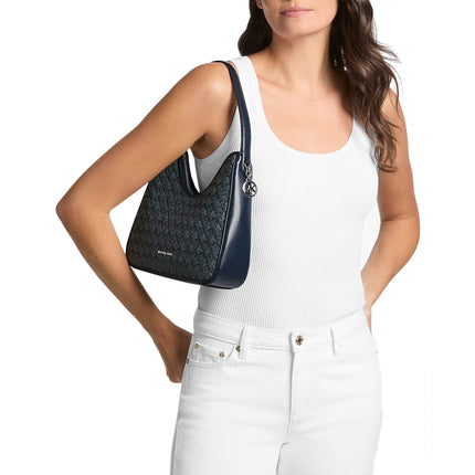 Michael Kors Women's Nayla Small Woven Signature Logo Hobo Shoulder Bag Admiral