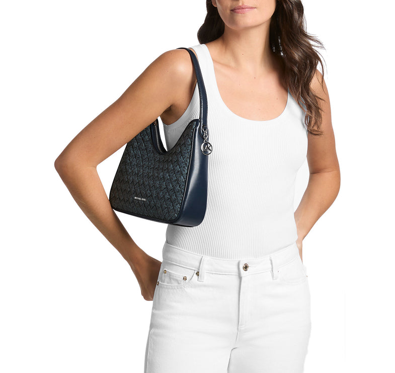 Michael Kors Women's Nayla Small Woven Signature Logo Hobo Shoulder Bag Admiral