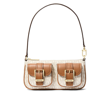 Michael Kors Women's Zoe Small Signature Logo Pochette Bag Vanilla/Acorn/Gold