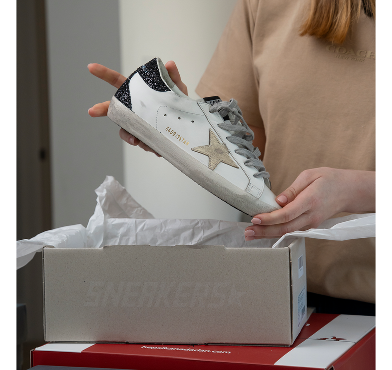 Golden Goose Women's Super Star Sneakers with Gold Star and Black Glitter