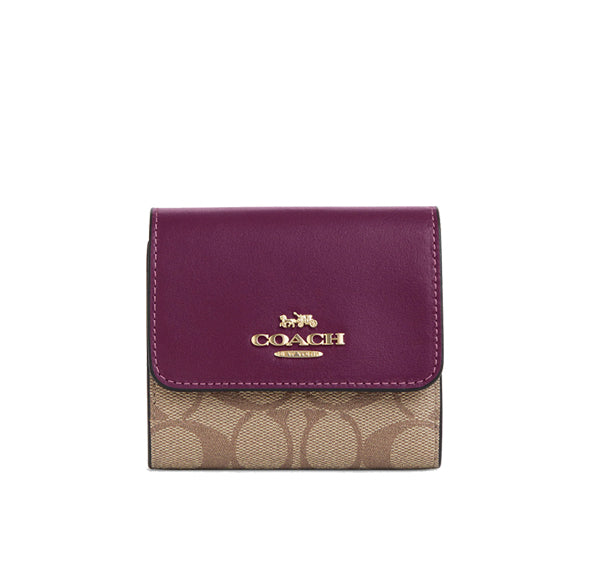 Coach Women's Small Trifold Wallet In Blocked Signature Canvas Gold/Khaki/Deep Berry
