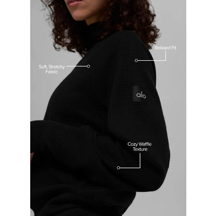 alo Women's Waffle Weekend Escape Mock Neck Long Sleeve Black