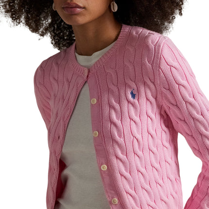 Polo Ralph Lauren Women's Cable-Knit Cotton Crewneck Cardigan Carmel Pink