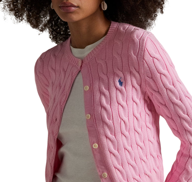Polo Ralph Lauren Women's Cable-Knit Cotton Crewneck Cardigan Carmel Pink