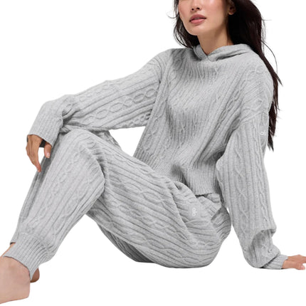 alo Women's Cable Knit Winter Bliss Hoodie Athletic Heather Grey