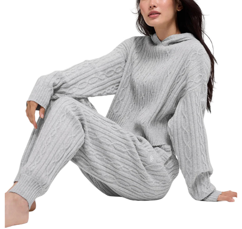 alo Women's Cable Knit Winter Bliss Hoodie Athletic Heather Grey