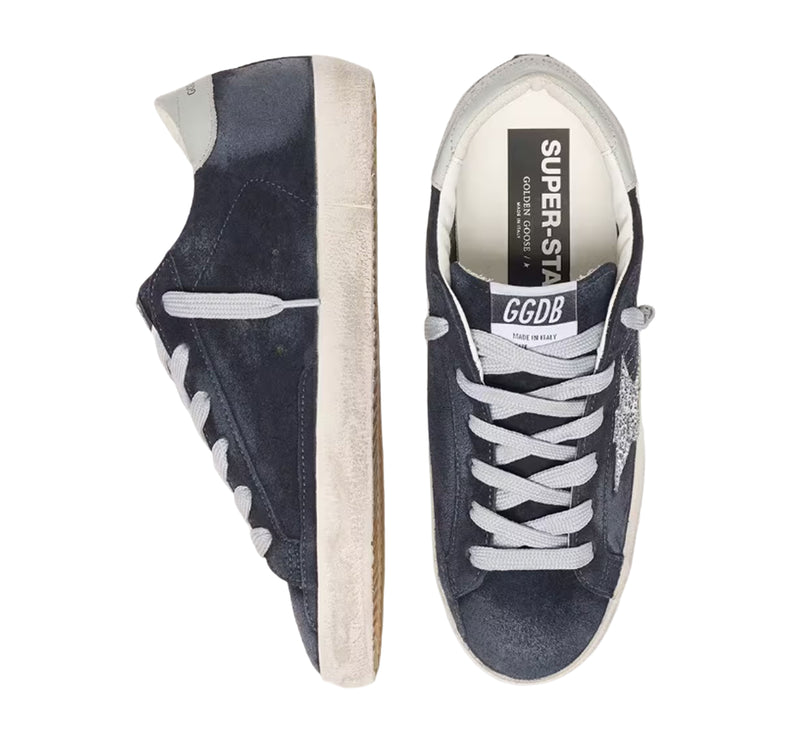 Golden Goose Women's Super-Star Star in Blue Suede with Silver Glitter Star