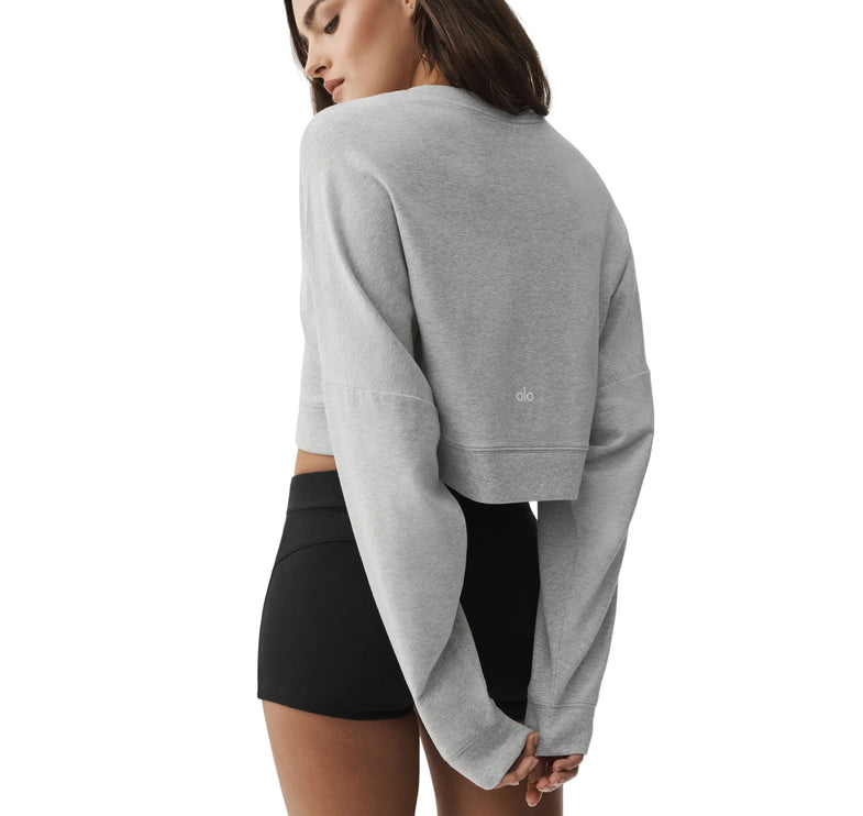 alo Women's Cropped Sway Crew Neck Pullover Athletic Heather Grey