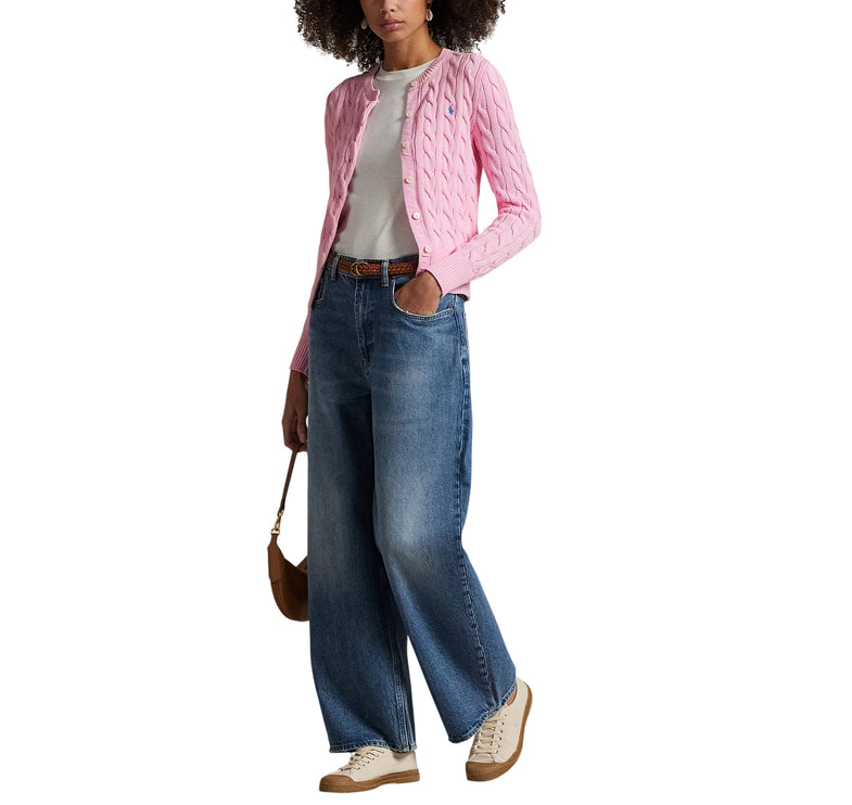 Polo Ralph Lauren Women's Cable-Knit Cotton Crewneck Cardigan Carmel Pink