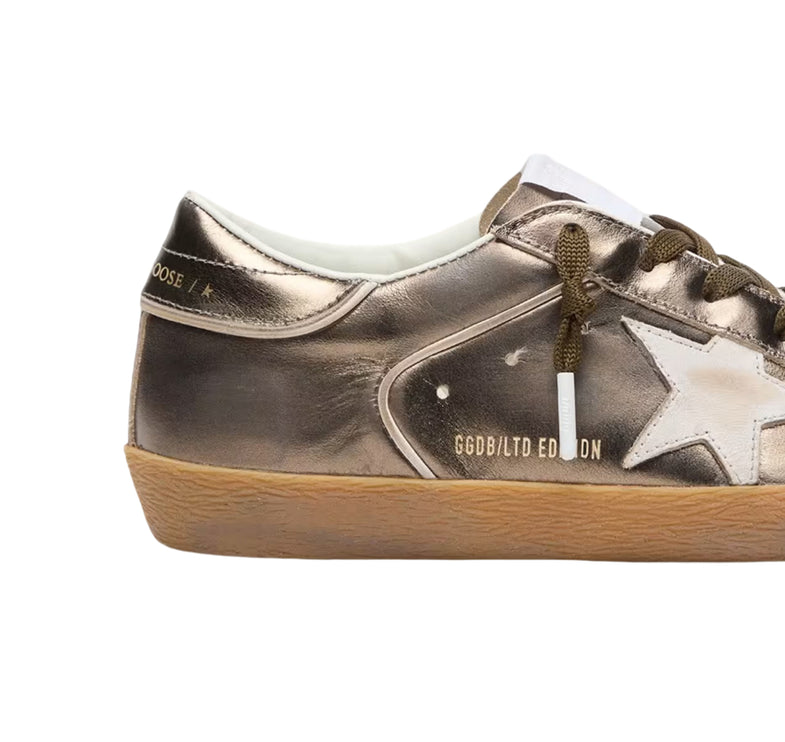 Golden Goose Women's Super-Star Star LTD in Olive-Green Laminated Leather with White Star
