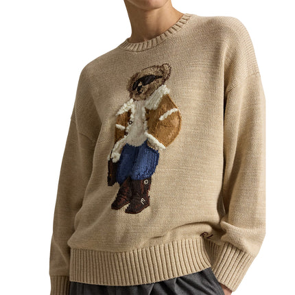 Polo Ralph Lauren Women's Winter Polo Bear Crewneck Sweater Tan Multi