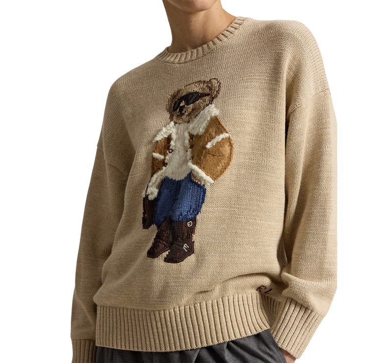 Polo Ralph Lauren Women's Winter Polo Bear Crewneck Sweater Tan Multi