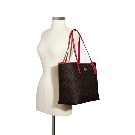 Coach Women's City Tote In Signature Canvas Gold/Brown 1941 Red